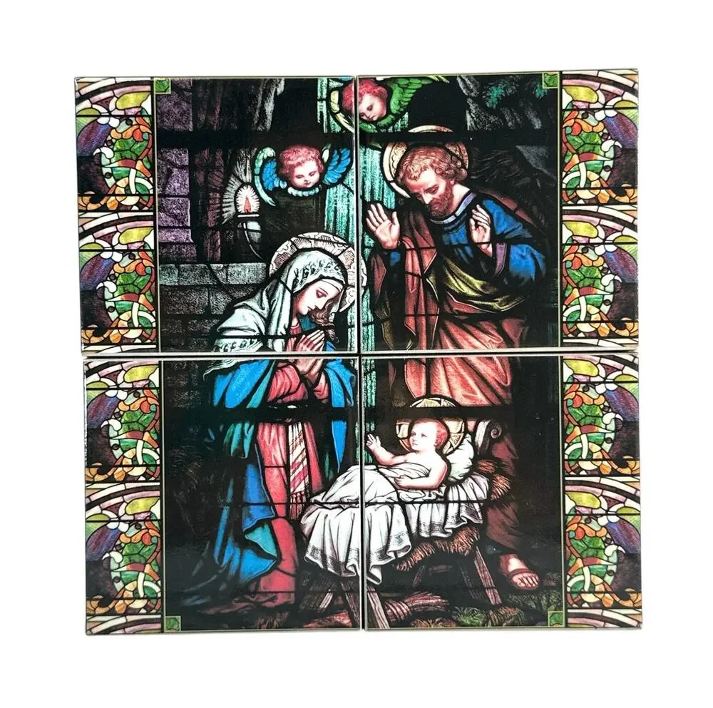Vintage Nativity Holy Family Ceramic Tile Wall Plaque Stained Glass Style 7.5”